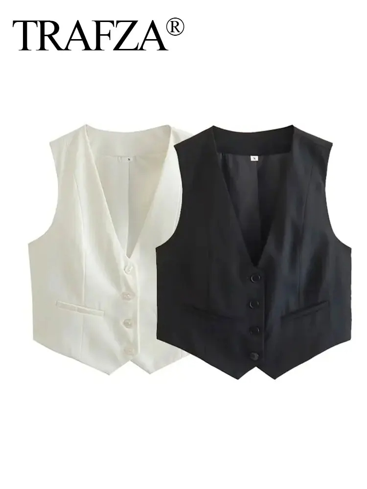 TRAFZA Mode Vrouwen Vest Mouwloze Vesten voor Vrouwen Chic V-hals Single-Breasted Dames Elegante Witte Vest Tops