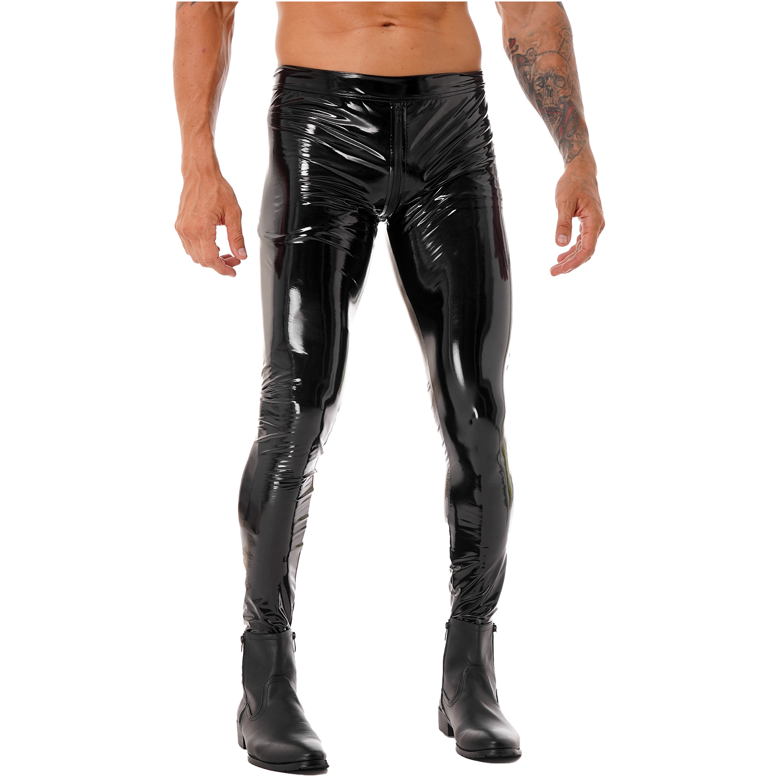 Homens com zíper virilha calças magras clubwear couro patente moto biker calças magras leggings motociclismo festa calças justas