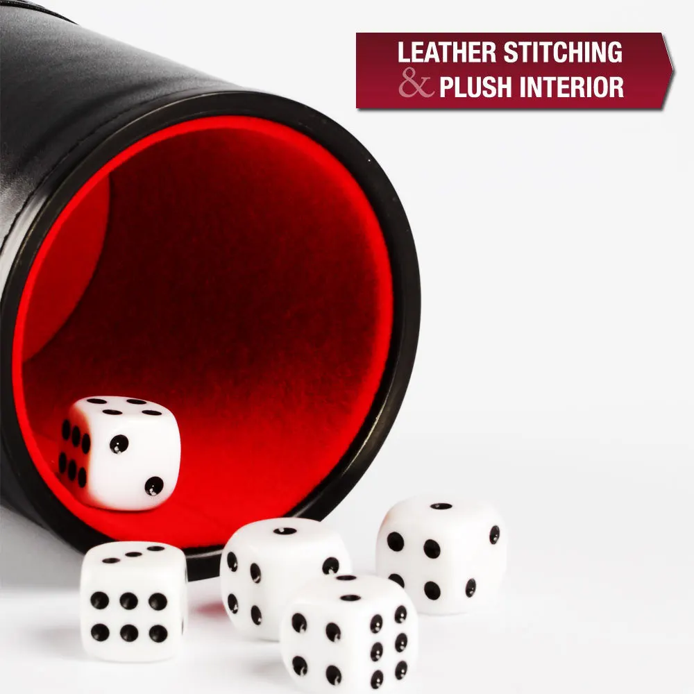 Lederwürfelbecher mit Deckel, grün-rotes Innenfutter, leise im Schütteln für Lügnerwürfel, Farkle Yahtzee Brettspiele mit 5-teiliger Würfel