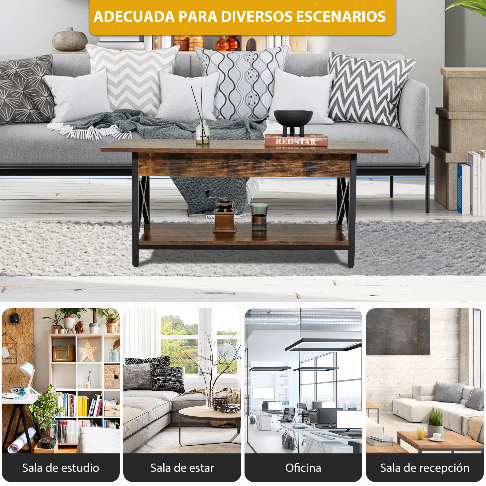Mesa de Café Industrial de 2 Niveles, Mesa de Centro con Estante de Almacenamiento y Marco de Metal en Forma de X, Mesa Rectangular Auxiliar para Sala de Estar, Marrón Rústico y Negro Café