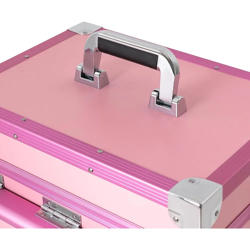 Professional Rolling Makeup Case, Foldable Nail Tables Travel Cosmetic Trolley Storage Organizer with 4 Drawers Mirror