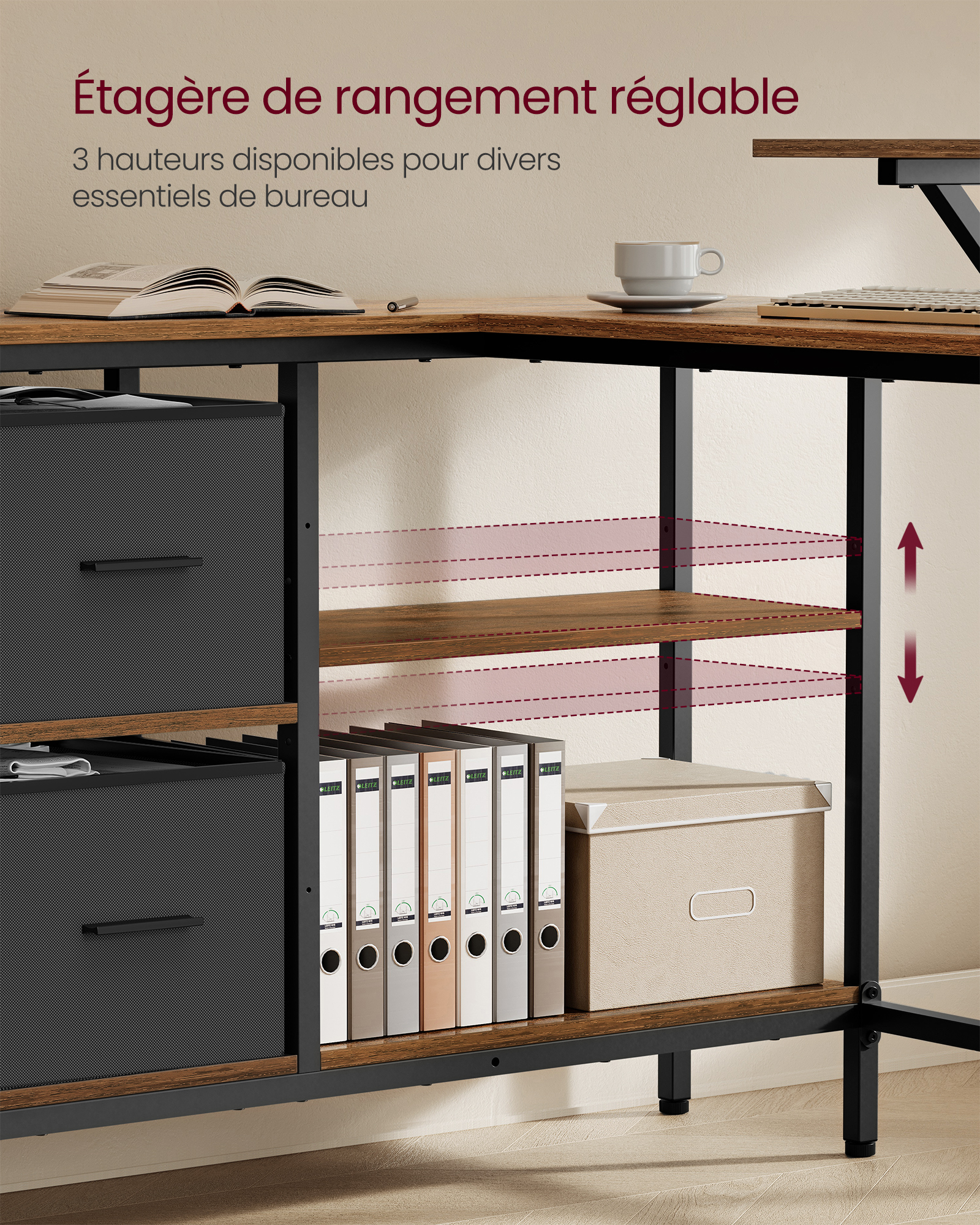 VASAGLE Bureau en Forme de L avec 2 Tiroirs Spacieux, Bureau Gaming avec Support pour Écran, Bureau d’Angle, Bureau d’Ordinateur avec Étagère Réglable, pour Bureau