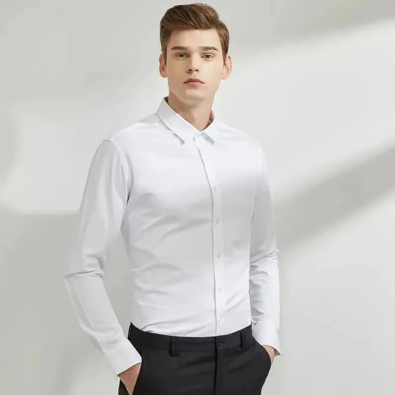 Camisa elástica de manga larga para hombre, vestido de negocios sin planchar, traje de trabajo profesional, camisa con cuello levantado, camisas para hombre