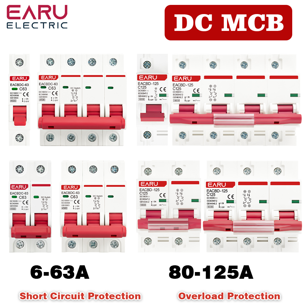 DC 1000V 1P 2P 3P 4P Solar Mini Circuit Breaker ป้องกันการโอเวอร์โหลด Switch6A ~ 63A/80A 100A 125A MCB สําหรับพลังงานแสงอาทิตย์ PV ระบบ