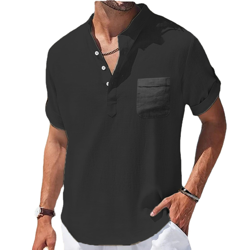 Chemise en lin à manches courtes pour hommes, col montant, couleur unie, tendance, respirant, ample, basique, avec poches, nouvelle collection été