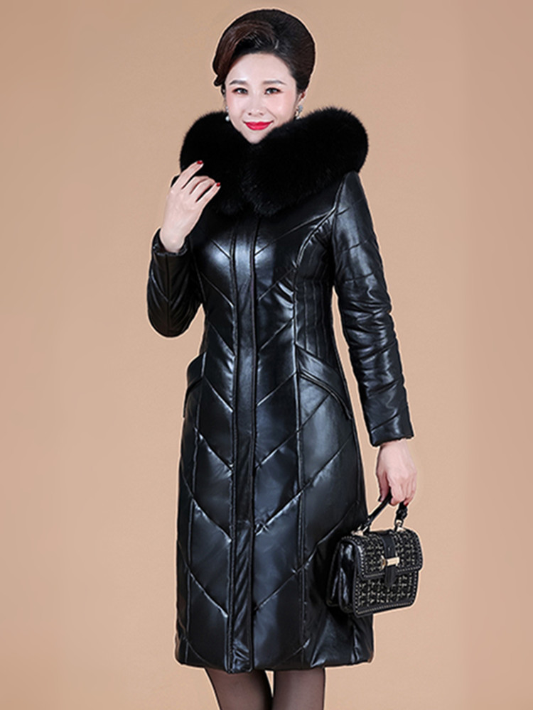 L-8XL Mutter Daunenmantel Lederjacke Frauen Winter Mode Warm andicken Mit Kapuze Abnehmbar Kragen aus Kunstpelz Gespaltenes Schaffell Mantel Schlank Lang Oberbekleidung Weiblich