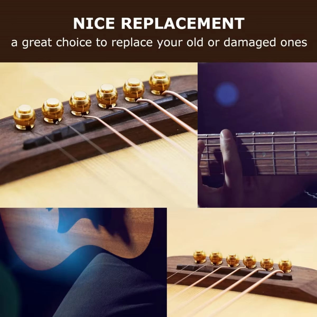 6 Pcs Acoustic Guitar Bridge Pin Guitar Strings Nail Solid Copper Brass With Guitar Bridge Pin Puller