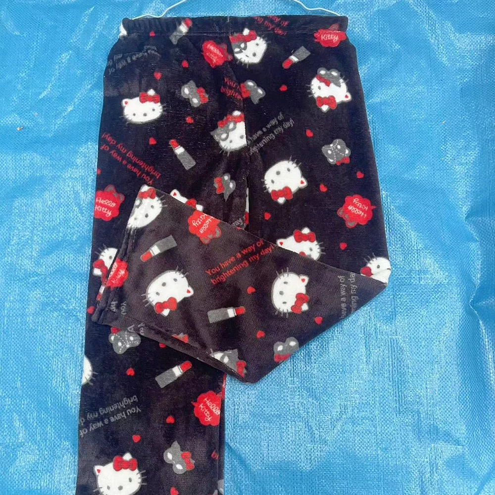 อะนิเมะคริสต์มาสผู้หญิงชุดนอนPlushกางเกงY2K Hello Kitty Sanrioed Kawaii KuromiฤดูหนาวThicken Warm Leisureกางเกงน่ารักของขวัญ
