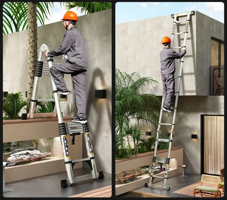 Stainless steel telescopic ladder, foldable straight ladder, 1.5m-5.9m high, durable and rust resistant, non slip foot pad