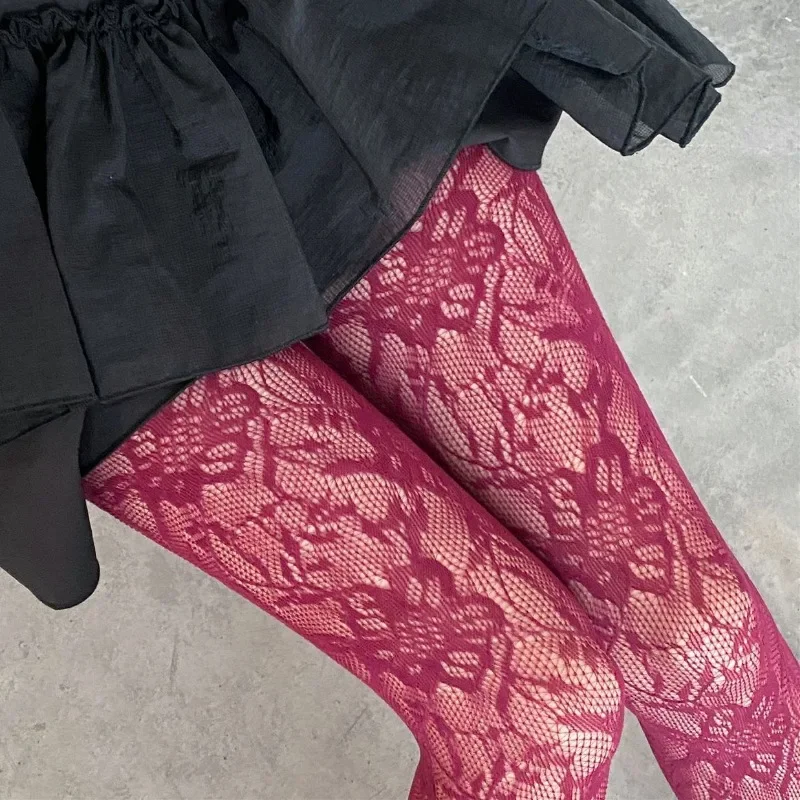 Women's Sexy Flower Embroidery Mesh Hollow Out Silk Stockings JK Fish Net Tights Cool Girls Colored Hipster Harajuku Pantyhose