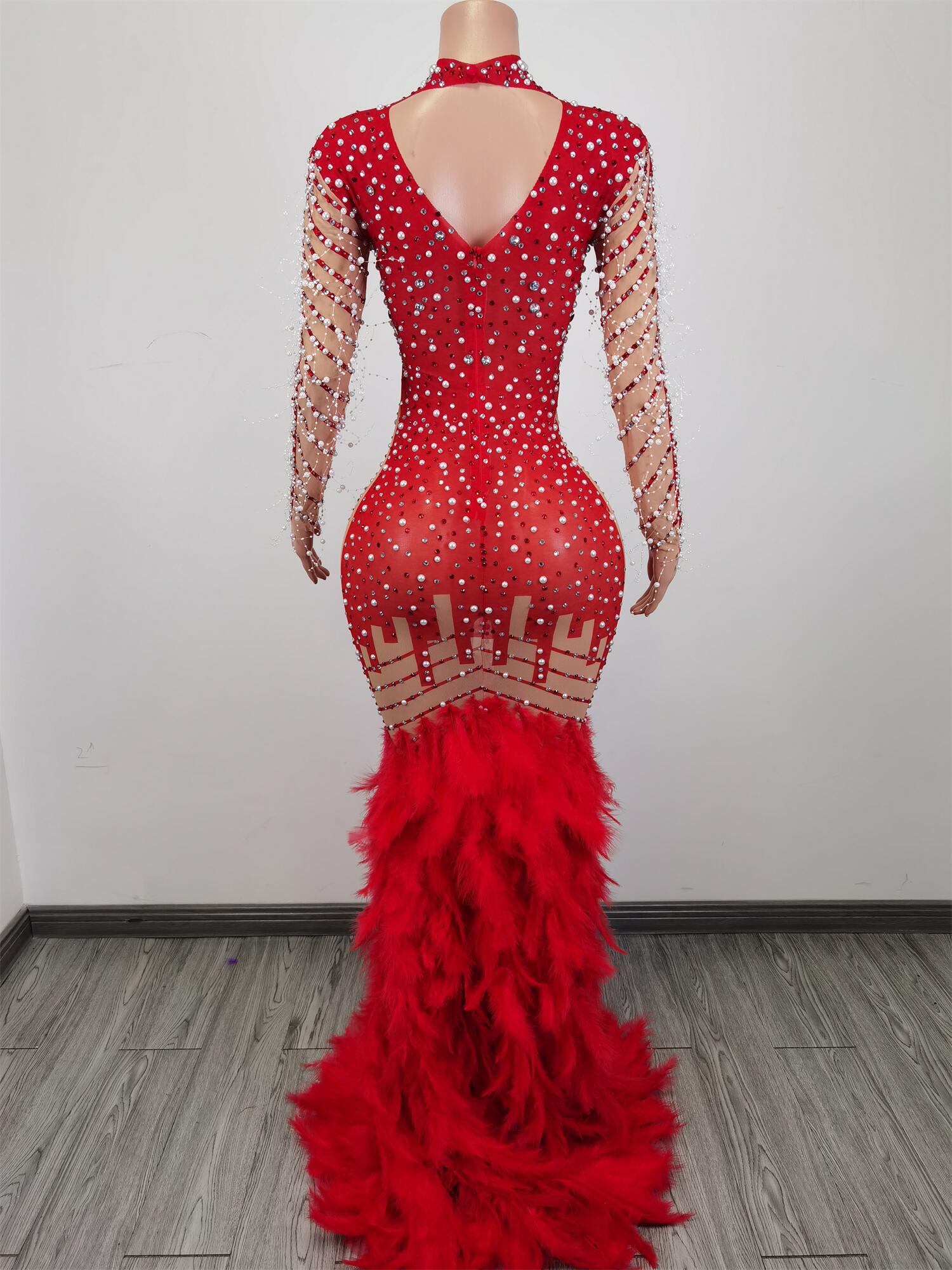 女性のための長いイブニングドレス,羽,人魚,セクシー,チュール,真珠,ドバイ,パーティー,フォーマル,赤,liantiyumao