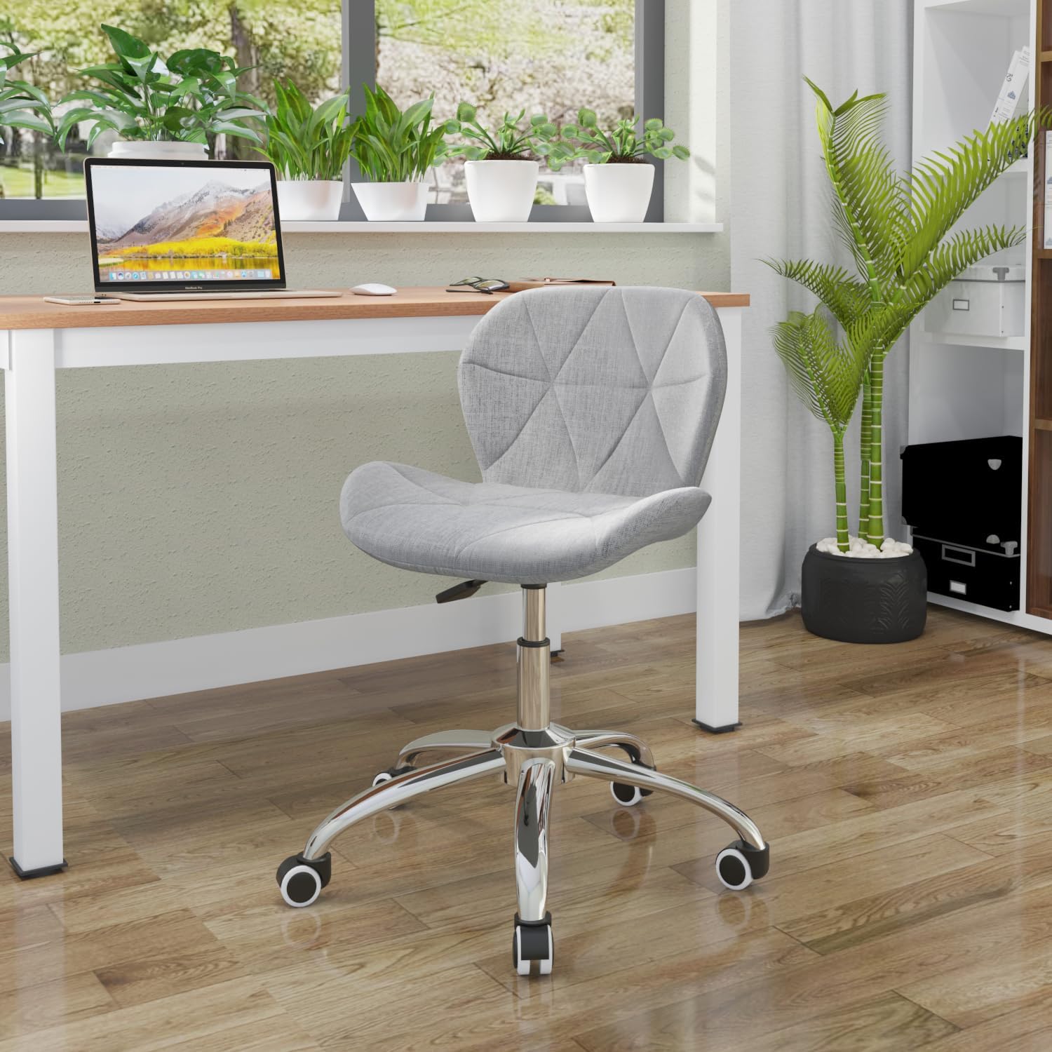 Modern Fabric Swivel Office Chair, Height Adjustable Padded Armless Desk Chair with Wheels for Home Office