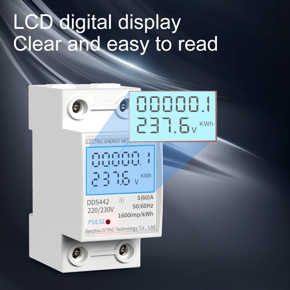 GTRIC Electric Energy Meter 2P Single Phase  LCD Digital Display DIN Rail Mounting 2-wire Electric Meter Wattmeter AC 230V 50Hz