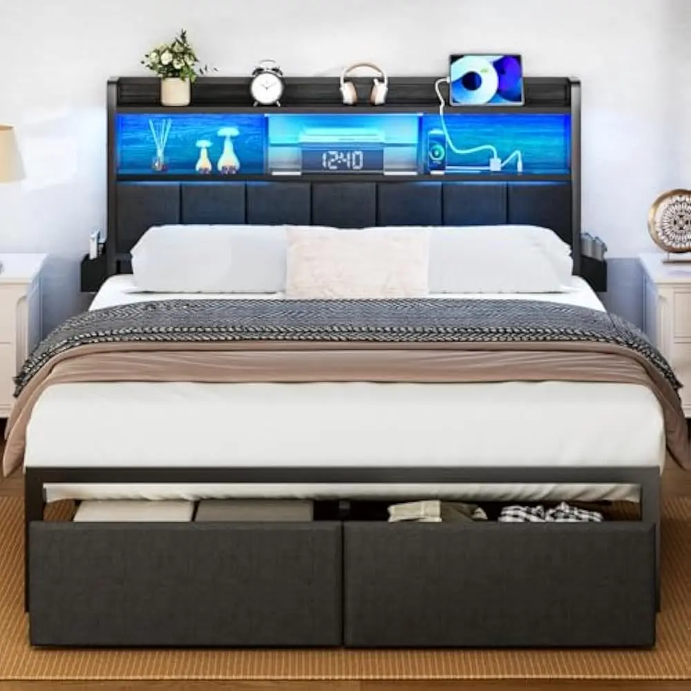 LED Queen Size Bed Frame with Storage Drawer and Charging Station, Metal Platform, No Box Spring Needed, Queen Size Bed Frame