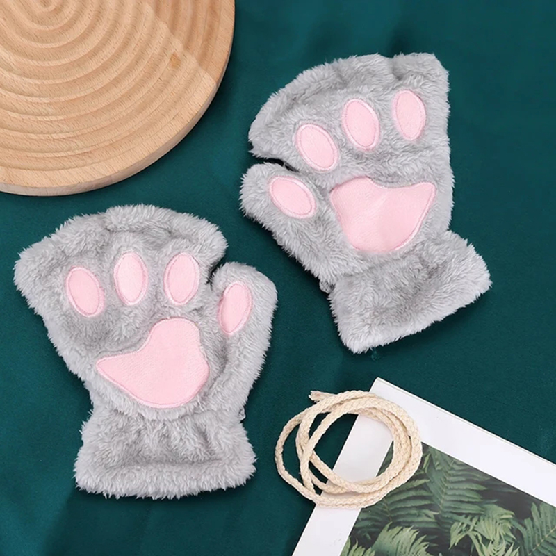 Rimiut-luvas de garra de gato de desenho animado para mulheres, meninas, espessadas, peluches, estilo adorável, pata de urso, dedos expostos, meio dedo, inverno