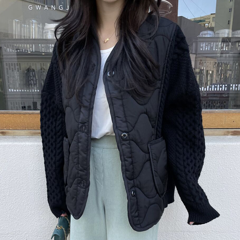 シックな秋冬 V ネックカラーブロックニットルーズ長袖コットンジャケット女性の上着カジュアル通勤スタイルシングルボタン