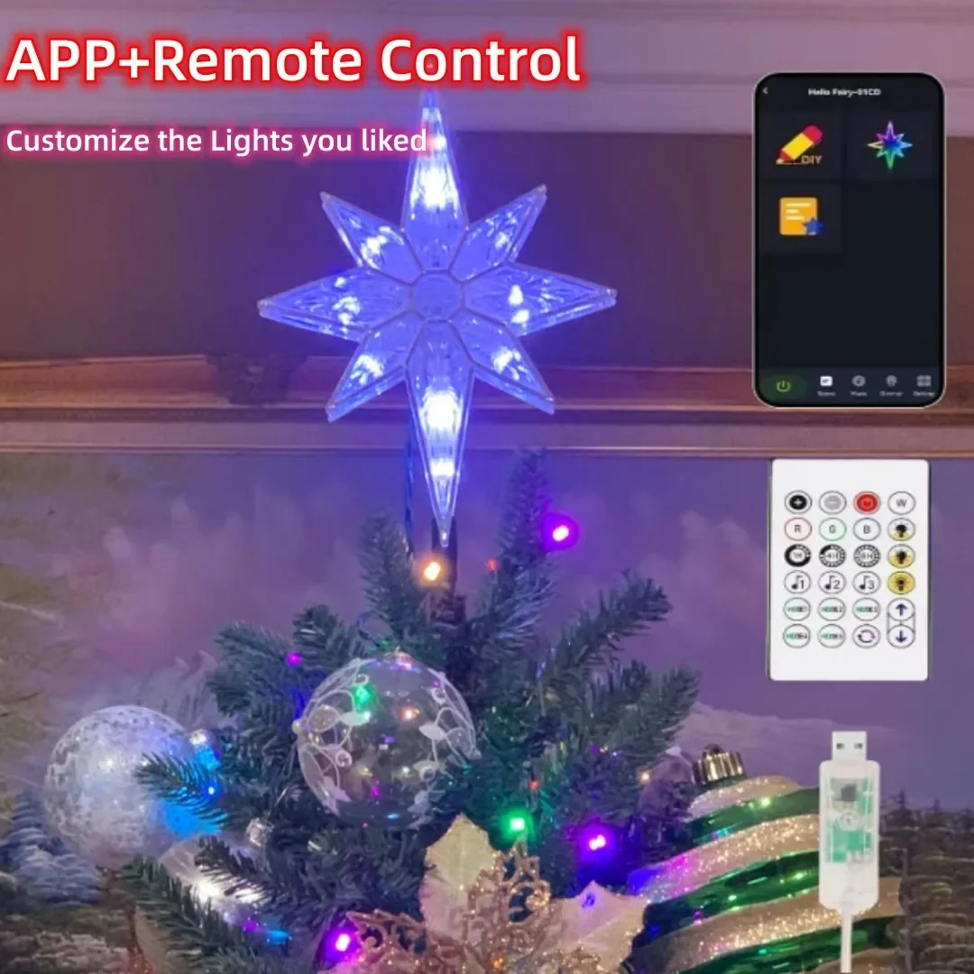 5V Smart APP Remote Control RGB Color Abyssal Mirror Christmas Tree Star Decor Lights Music Sync Xmas Tree Topper Holiday Party