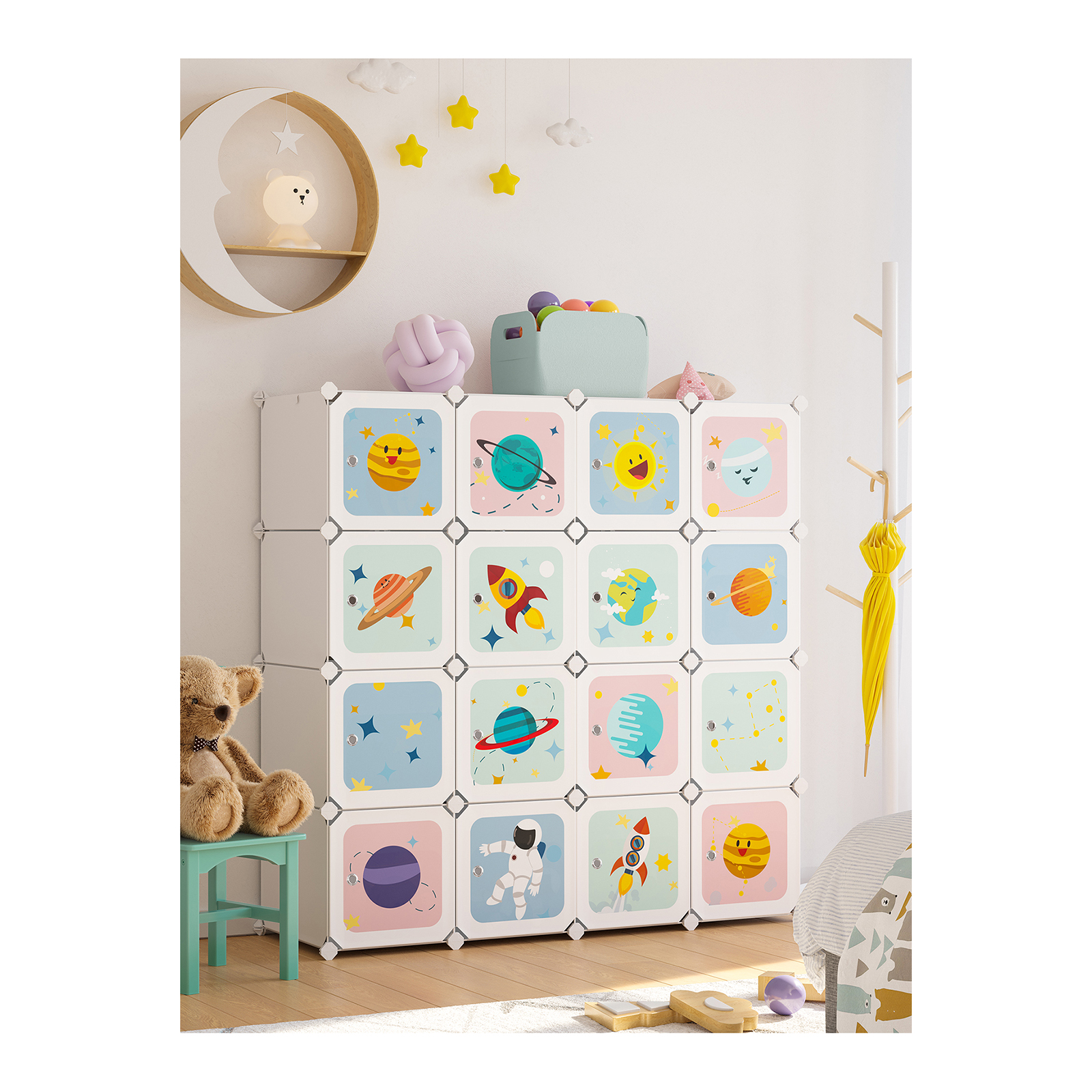 SONGMICS Armario infantil de 16 cubos: armario modular con puertas. Estantería de plástico,4 barras para colgar ropa, zapatos, juguetes.123x41x123 cm