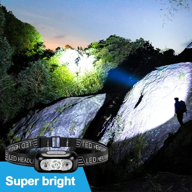 Luz forte farol mini led noite pesca poderosa tocha cabeça lâmpada ao ar livre à prova dwaterproof água acampamento portátil led sensor faróis