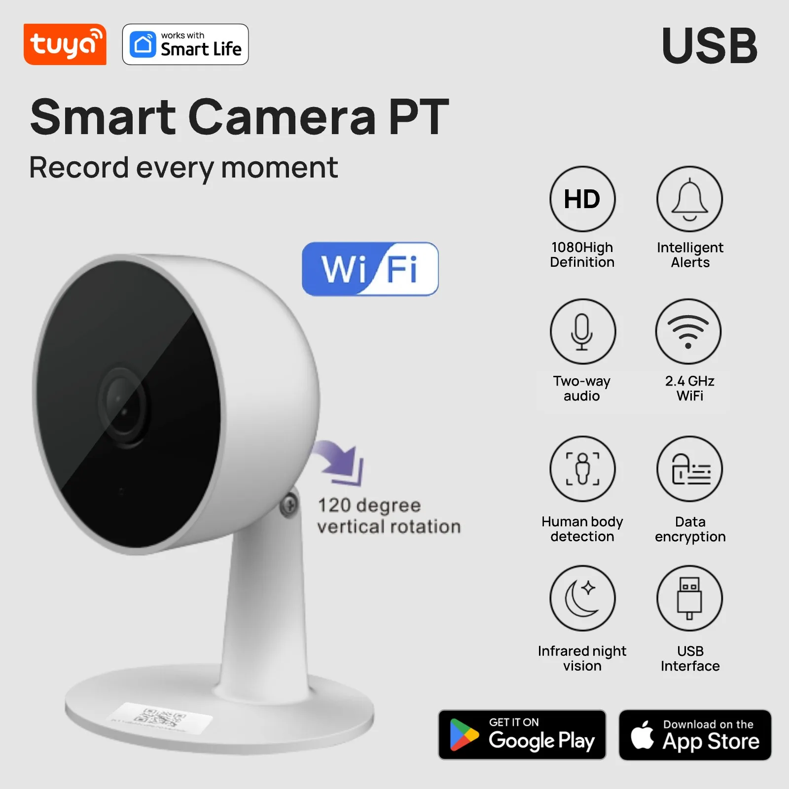 Tuya Smart 1080p Wi-Fi Smart Home Sicherheitskamera 2MP, HD, Echtzeit-APP-Warnungen, 2-Wege-Audio, mit Bewegungsverfolgung für Babys und Haustiere