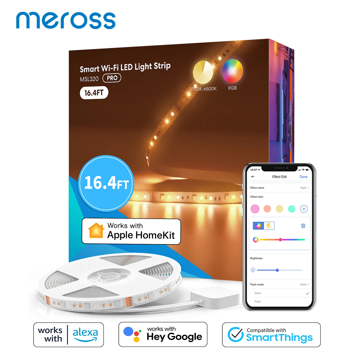Meross HomeKit tira de luz inteligente WiFi tira de luz LED RGBWW retroiluminación de TV 18W funciona con Siri Alexa asistente de Google SmartThings