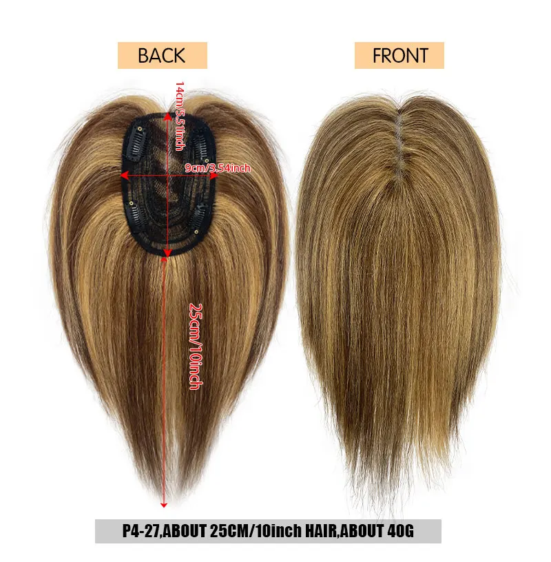 Extensões de cabelo humano para mulheres, peruca superior, Topper com clipes, rede de cabelo com cabelo diluindo, 9x14cm, 1 pc
