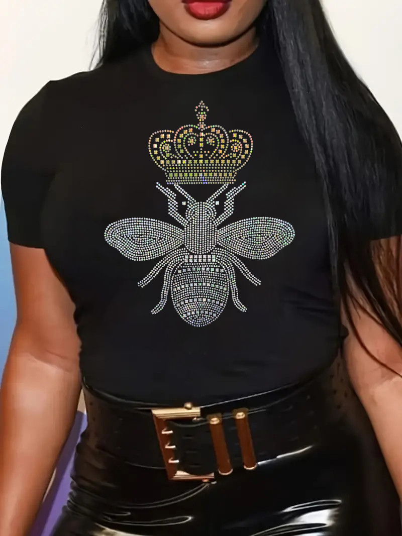 L-5XL プラスサイズの女性 Tシャツスパンコール半袖ラウンドネックルーズ夏トップスファッション黒オーバーサイズレディ Tシャツ 2024