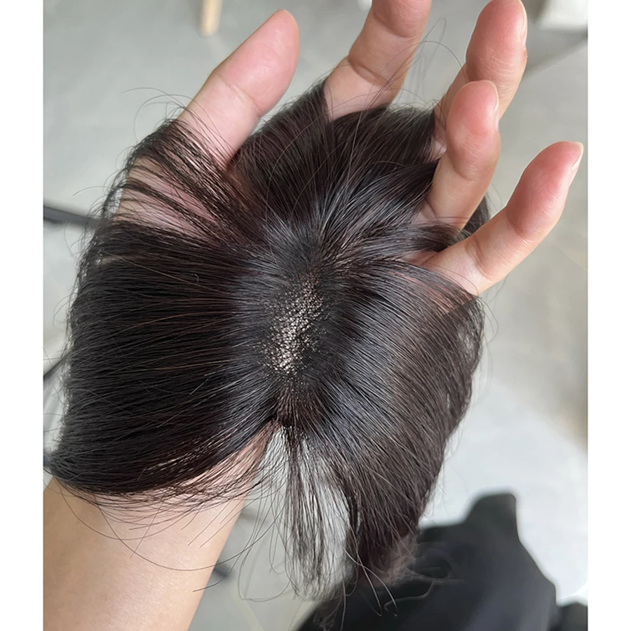 10 inch  Natural Hair Topper with Bangs Remy Human Hair Toppers for Women Clip in Hair Bangs Hair Toppers with Swiss Lace Base L