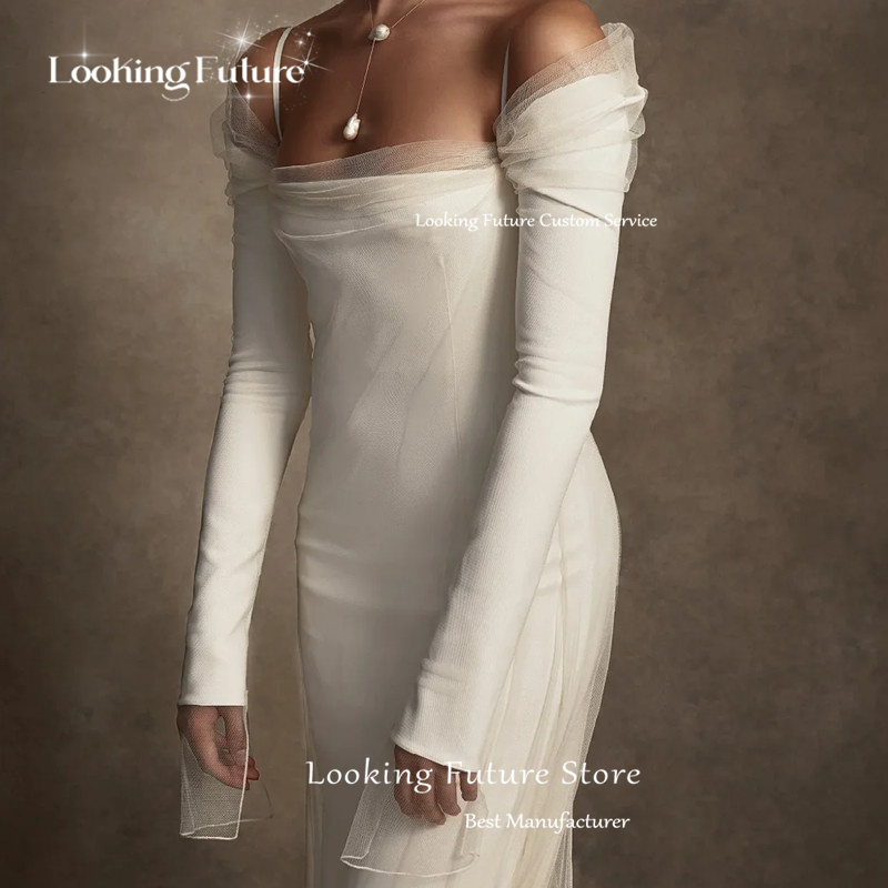 Aangepaste elegante tule rechte trouwjurken off-shoulder plooi lange mouwen bruidsjurken sexy strapless backless vetersluiting