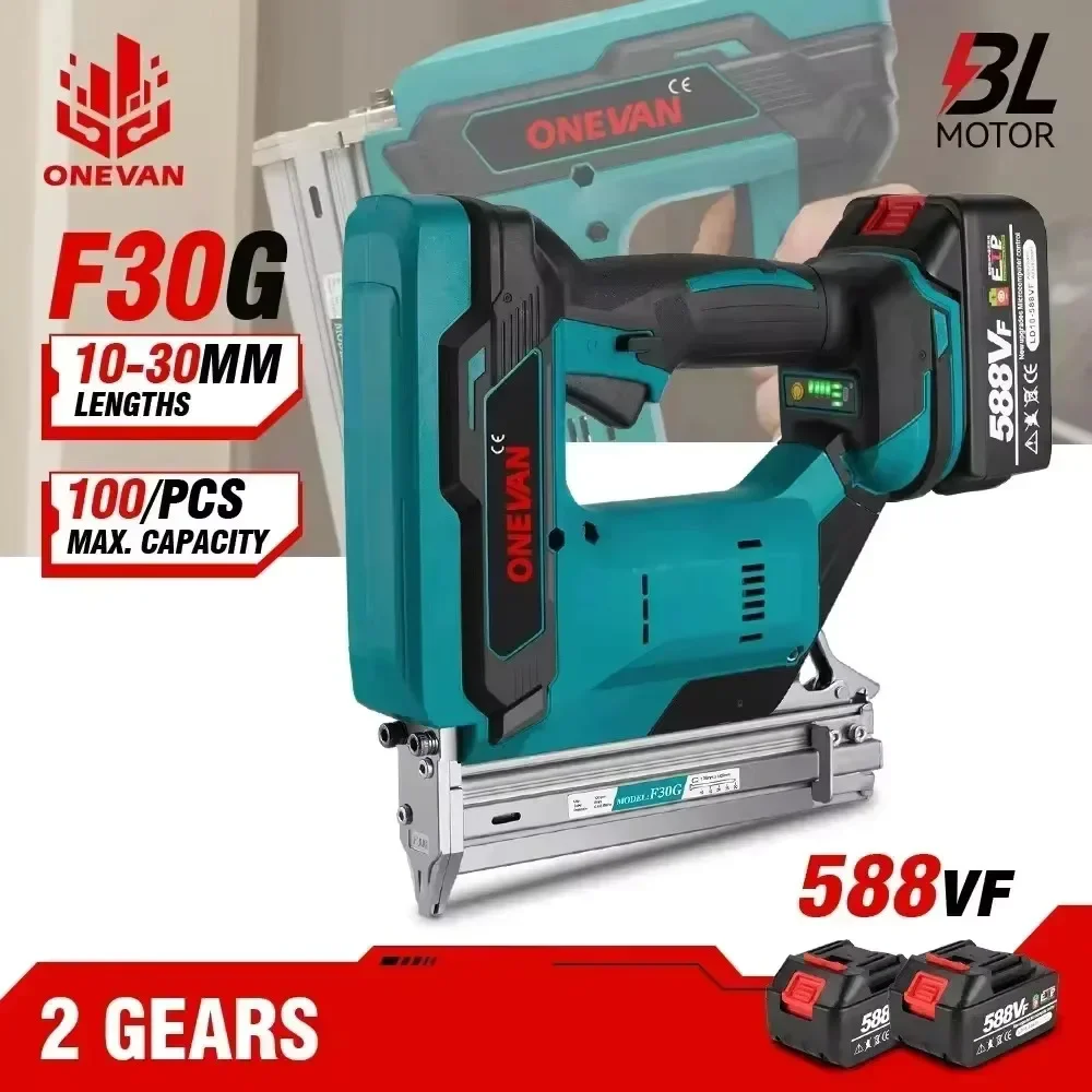 ONEVAN F30G Electric Nail Gun Nailer Stapler Framing Nailer Tacker Furniture Staple Gun Woodworking Tool For 21V 18V Battery