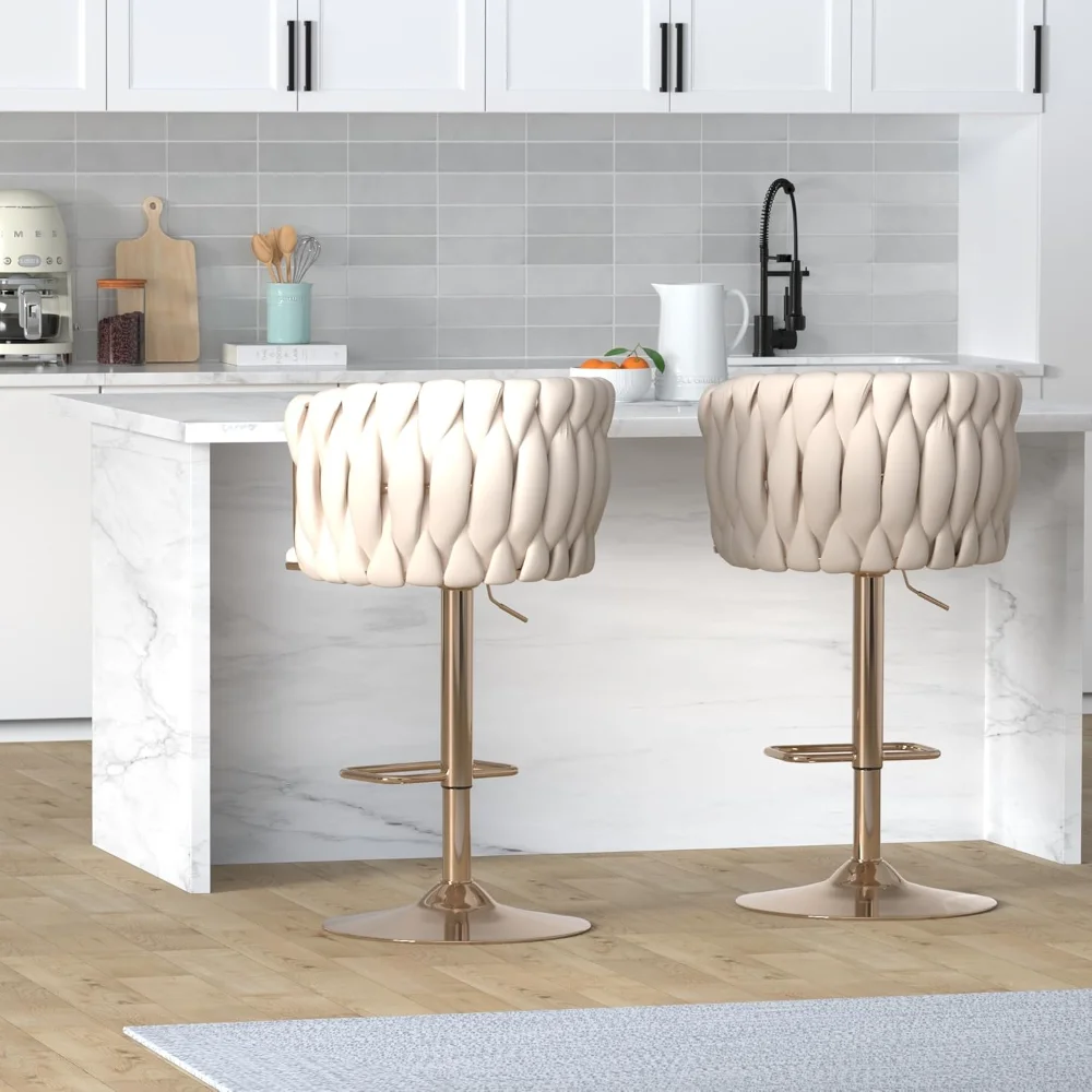 Velvet Swivel Bar Stools Set of 4, Adjustable Counter Height Bar Chairs with Woven Back&Footrest, Bar Stools for Kitchen Island