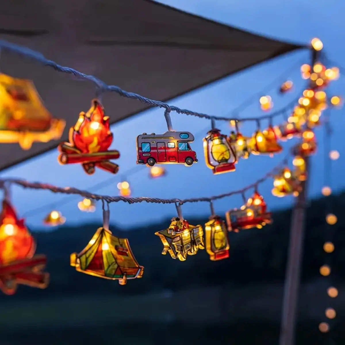 Guirnalda de luces LED con diseño de acampada, lámpara de hadas decorativa con forma de atmósfera para acampar al aire libre, decoración de jardín y hogar, 1 ud.