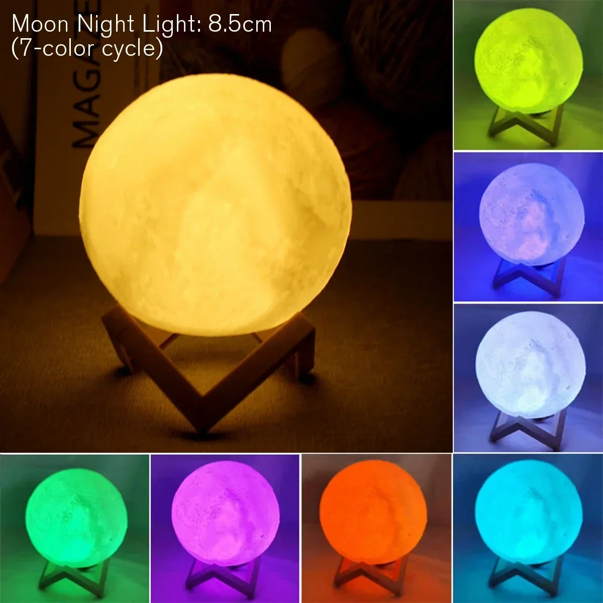 Luce notturna a LED Lampada lunare da 8 cm alimentata a batteria con supporto Lampada stellata Decorazioni per la camera da letto Luci notturne Regalo per bambini Cella a bottone