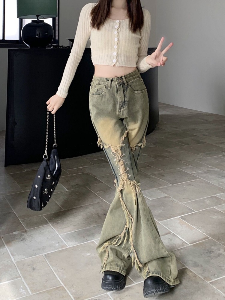 Celana kasual lurus Retro Amerika Oversize Y2k Grunge kaki lebar longgar pinggang tinggi 2025 Jeans bawah Bell baru wanita