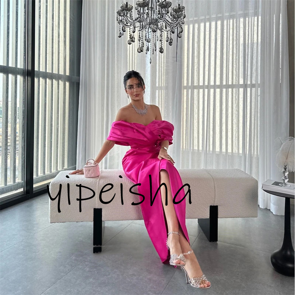 Maßgeschneidertes rosa Meerjungfrau-Abendkleid für formelle Anlässe, schulterfrei, Satin, Schlitz, knöchellang, Abendkleid, Partykleider