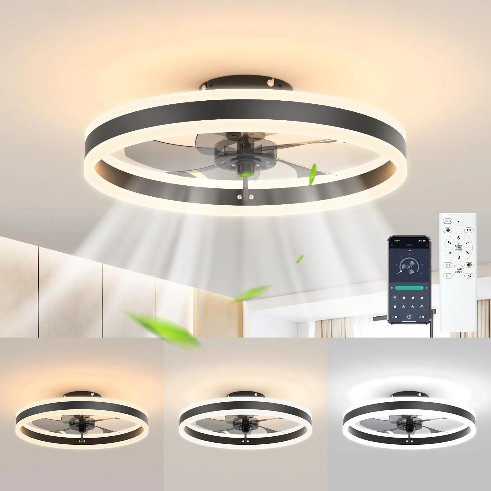 Ventilatori da soffitto reversibili IRALAN con app Lampada da soffitto remota per camera da letto Ventilatore Ceiing con luci a LED Lampadari neri/bianchi 60W