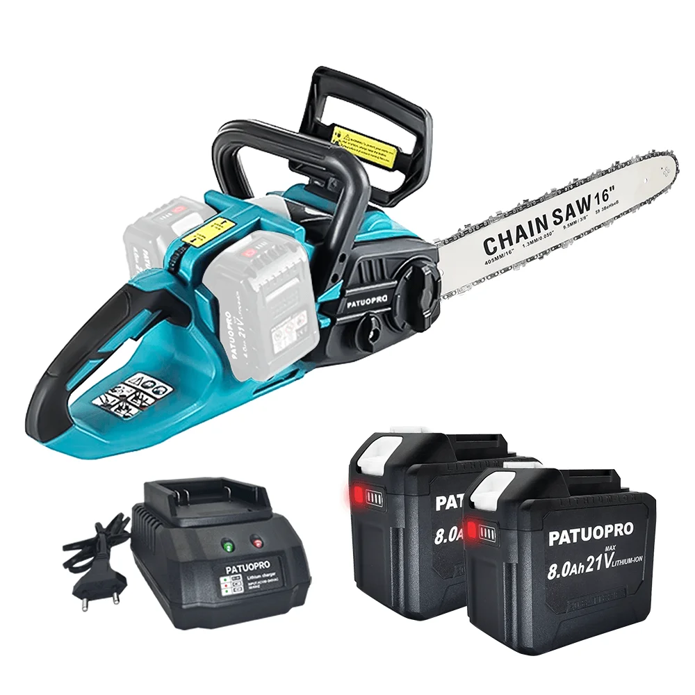 PATUOPRO motosierra sin escobillas de 16 pulgadas, sierra de cadena eléctrica inalámbrica, corte de madera, herramientas eléctricas de poda de jardín para batería Makita de 18V