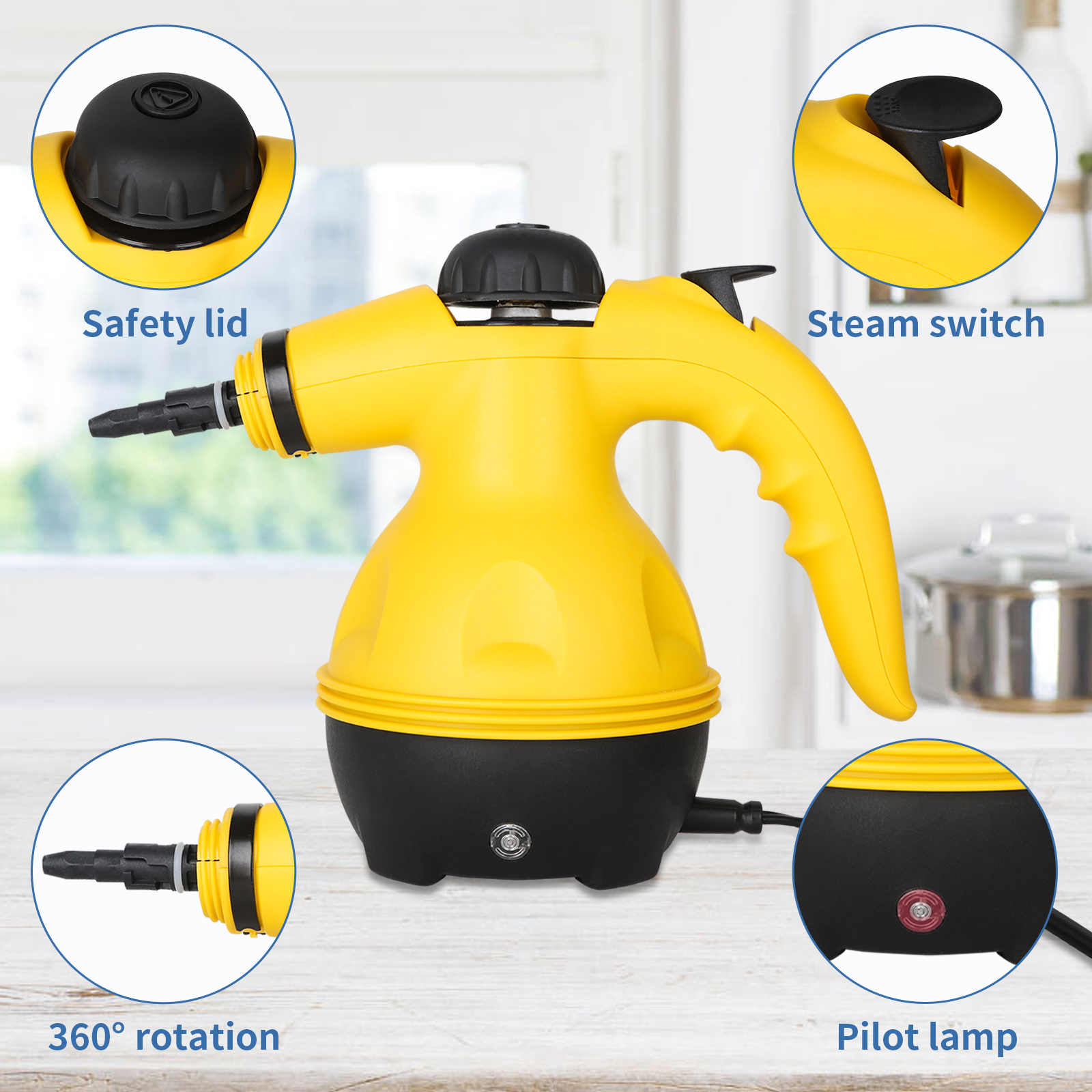 Limpador a vapor multiuso portátil pressurizado com acessórios de 9 peças, perfeito para remoção de manchas, cortinas, assentos de carro, piso