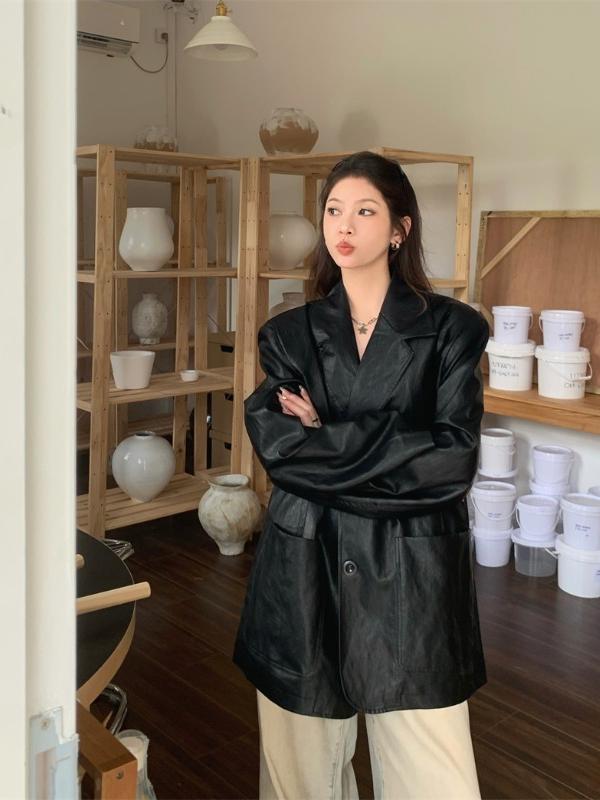エレガントな黒の Pu レザースーツジャケットルーズロングアウタートップ女性のための春シーズン快適なフィットビジネススタイル