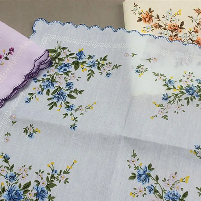 3 pçs/set feminino borda ondulada lenços de algodão flor bordado com rendas hankies senhoras lenço para o chá da tarde