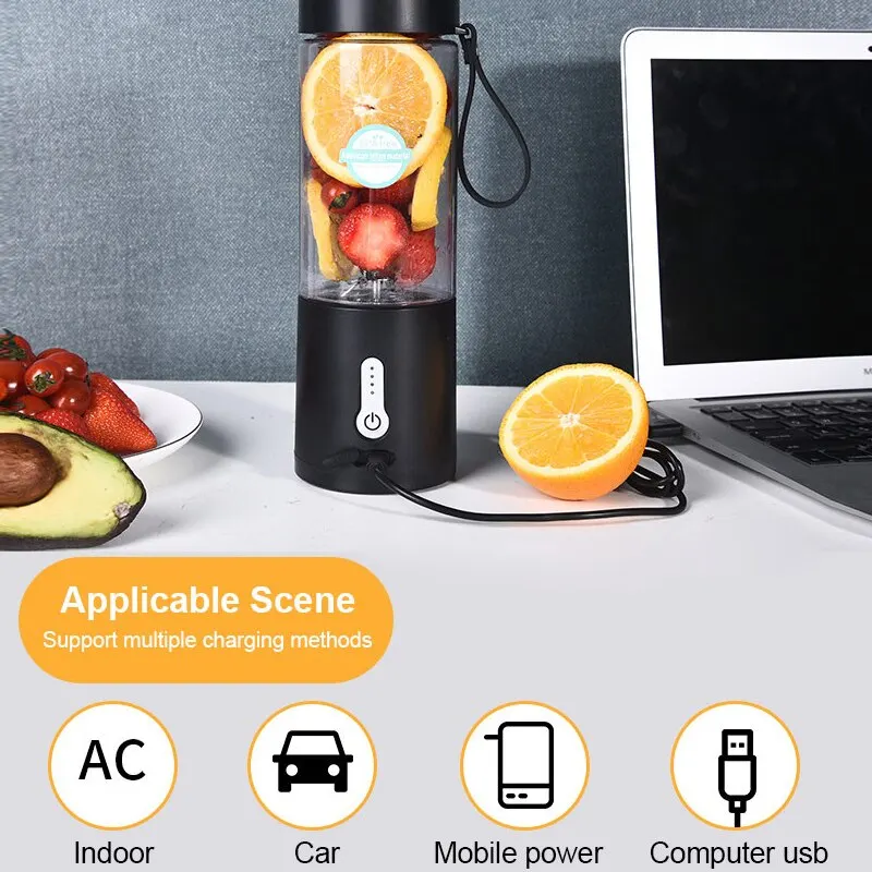 Poderoso Liquidificador Portátil para Smoothies, USB Recarregável, Processador de Alimentos, Máquina Misturadora de Frutas, Mini Juicer Cup, 530ml