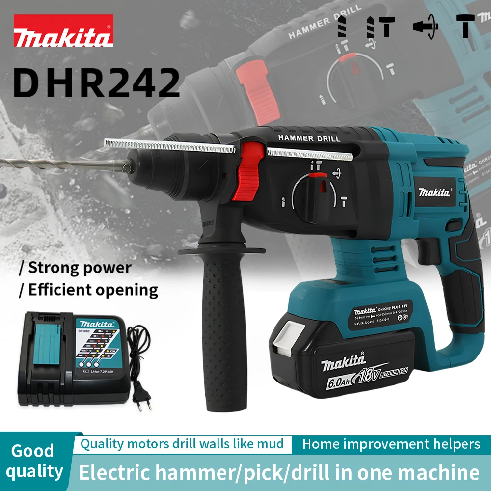 브러시리스 무선 전기 해머 드릴 Makita 18V 배터리 DHR242 용 다기능 로터리 무선 충전식 전동 공구