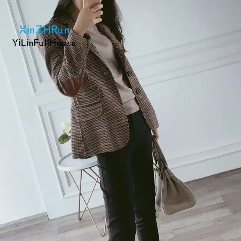 Moda damska Wełniany mały garnitur w kratę 2024 Wiosna Jesień Nowa moda Koreańska wersja Plus Size Retro Casualowy garnitur damski Odzież wierzchnia