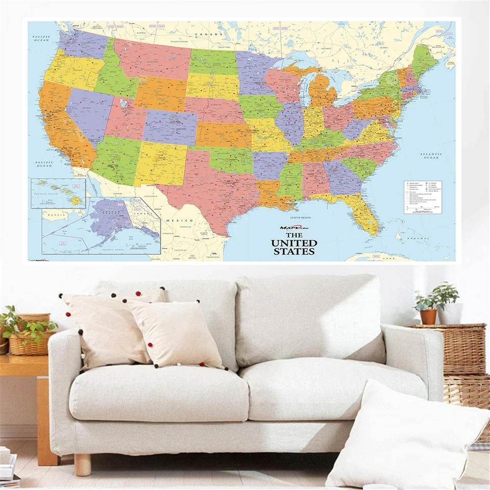 부직포 캔버스 인쇄 상세 지도, 대형 포스터, 교육 용품, 가정 장식, 225*150 cm