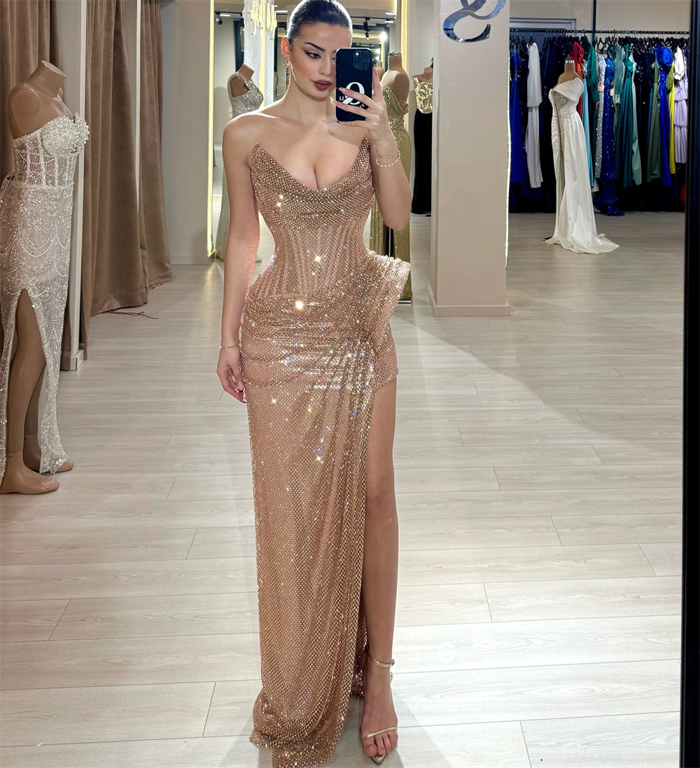 Contessa Dubai Aangepaste zijhoge split geplooide zeemeermin galajurk Vloerlengte strapless avondjurk Mouwloze feestjurk