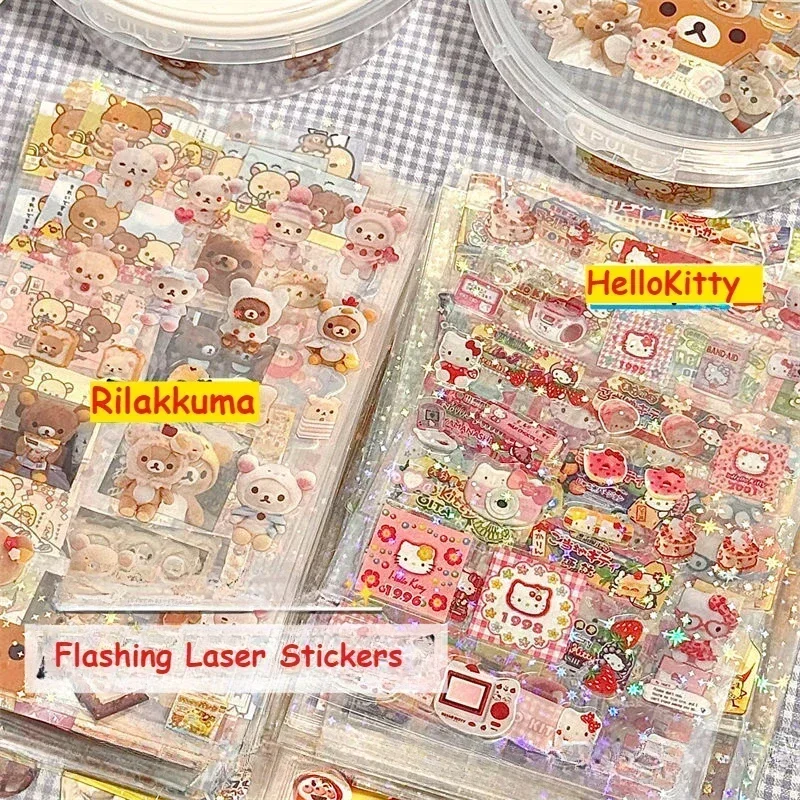 5 folhas dos desenhos animados olá kitty rilakkuma adesivos bonitos adesivo de corte anime manuais material piscando adesivo a laser crianças brinquedo