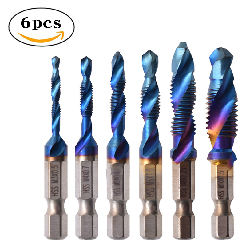 6PCS Blue machine screw tap High speed steel drilling tapping integrated composite drilling Hexagon handle Fried Dough Twists