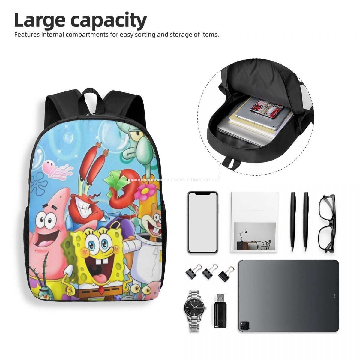 남아와 여아용 간단한 학생 배낭 스폰지 밥, 가볍고 넓은 학교 가방, 17 인치