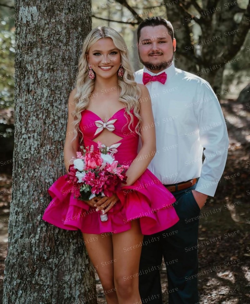 Serendipidty-ピンクのサテンのイブニングドレス,フリル,マット,ミニ丈,レイヤードフクシア,透かし彫り,カクテルドレス,カスタムメイド,トレンディ