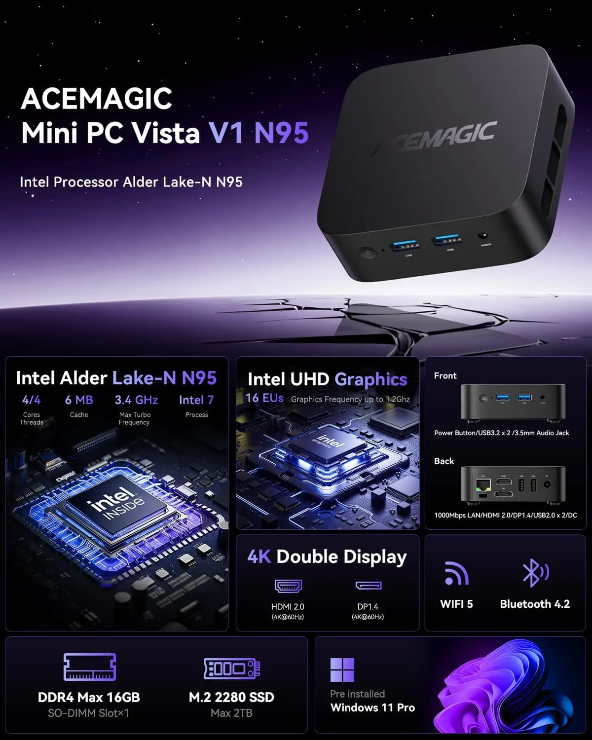 KAMRUI V1 Мини-ПК Intel Aldel Lake N95 16 ГБ DDR4 512 ГБ SSD Портативный настольный мини-компьютер 4k WiFi5 BT4.2 для офиса, домашнего обучения
